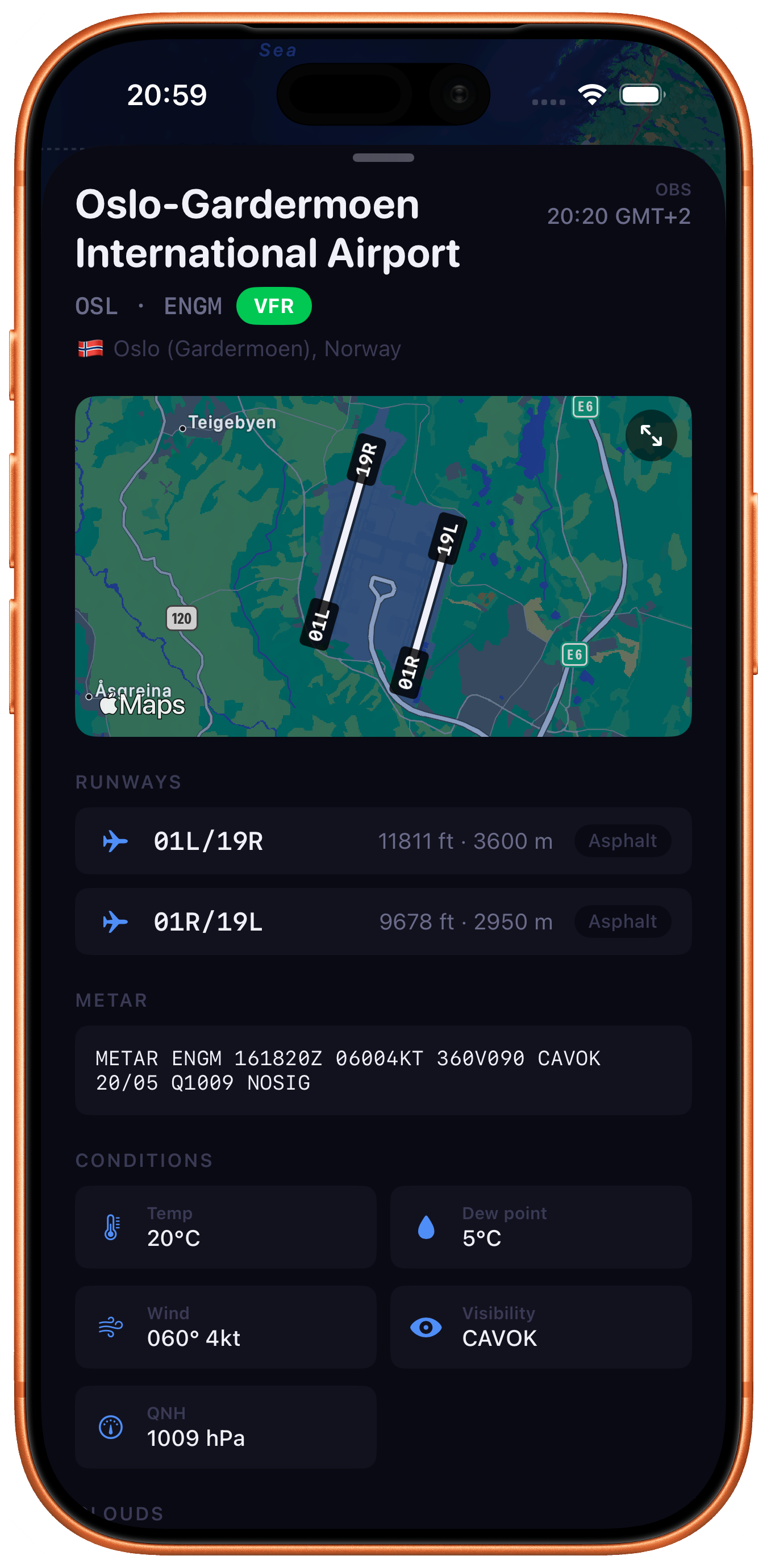 Windshear airport detail with METAR and runways
