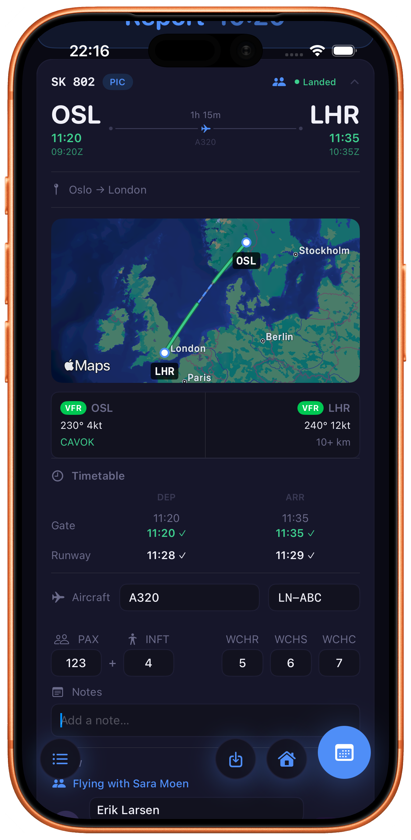 Windshear expanded flight card with map, weather and timetable